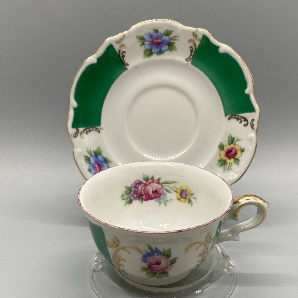Bareuther Bavaria Hand Painted Floral Demitasse Tea Cup Saucer Set with Stand